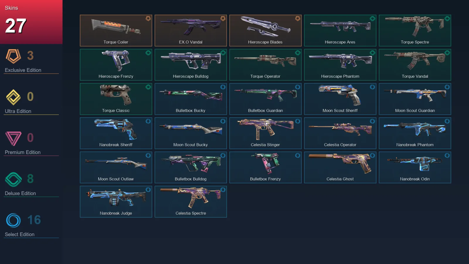EU | Torque Coiler | EX.O Vandal | Hieroscape Blades | Hieroscape Ares | 27 Skin | 13 Agent | 31 Buddy | Lv46