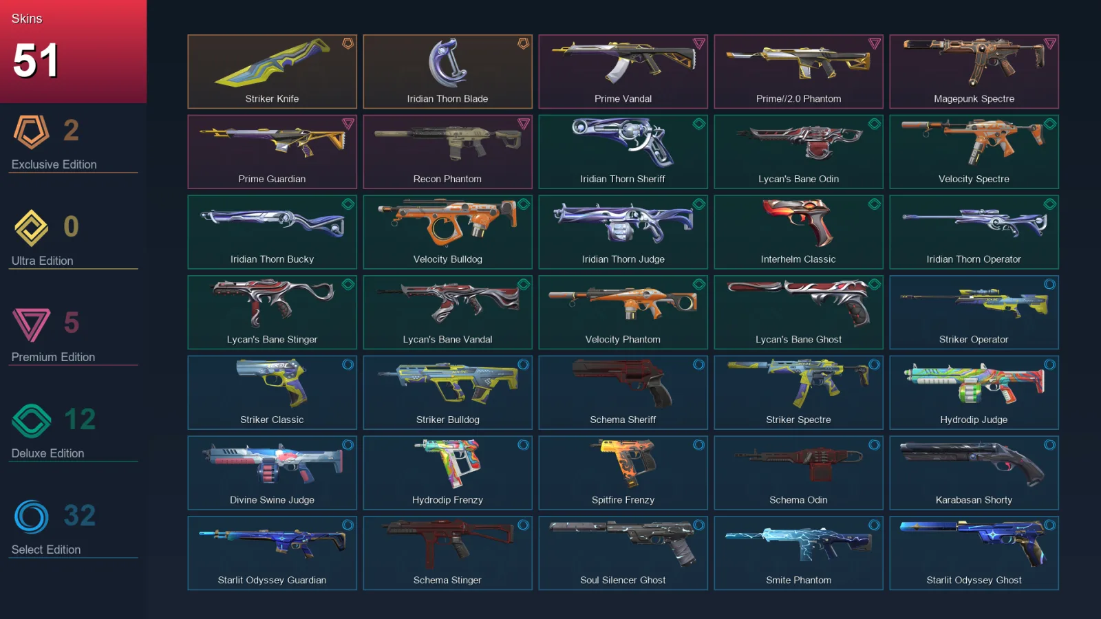 AP | Striker Knife | Iridian Thorn Blade | Prime Vandal | Prime//2.0 Phantom | 51 Skin | 29 Agent | 102 Buddy | Lv180