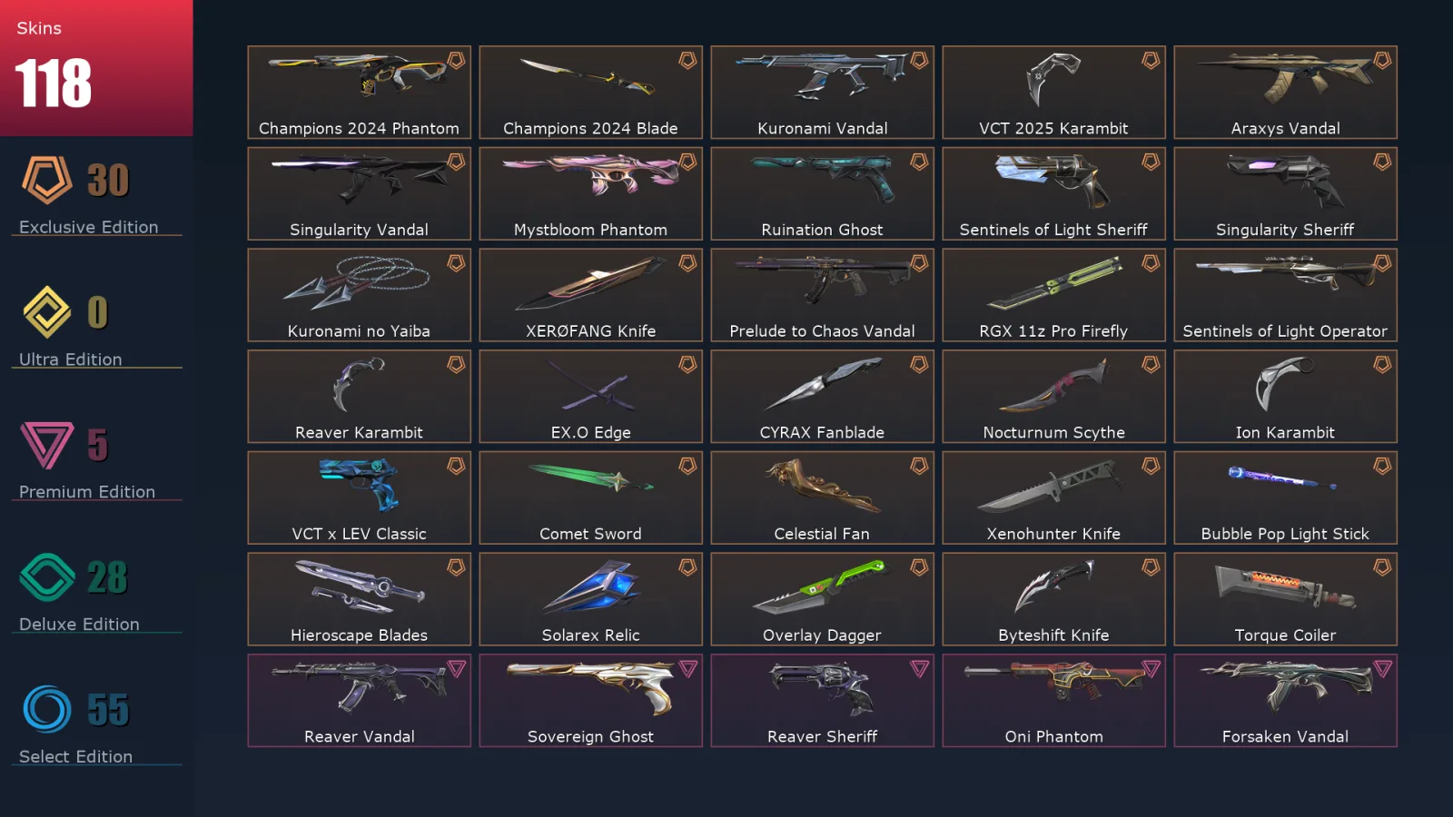 [Valorant] | EU | Level 210 | 27 Agents | 118 Skins