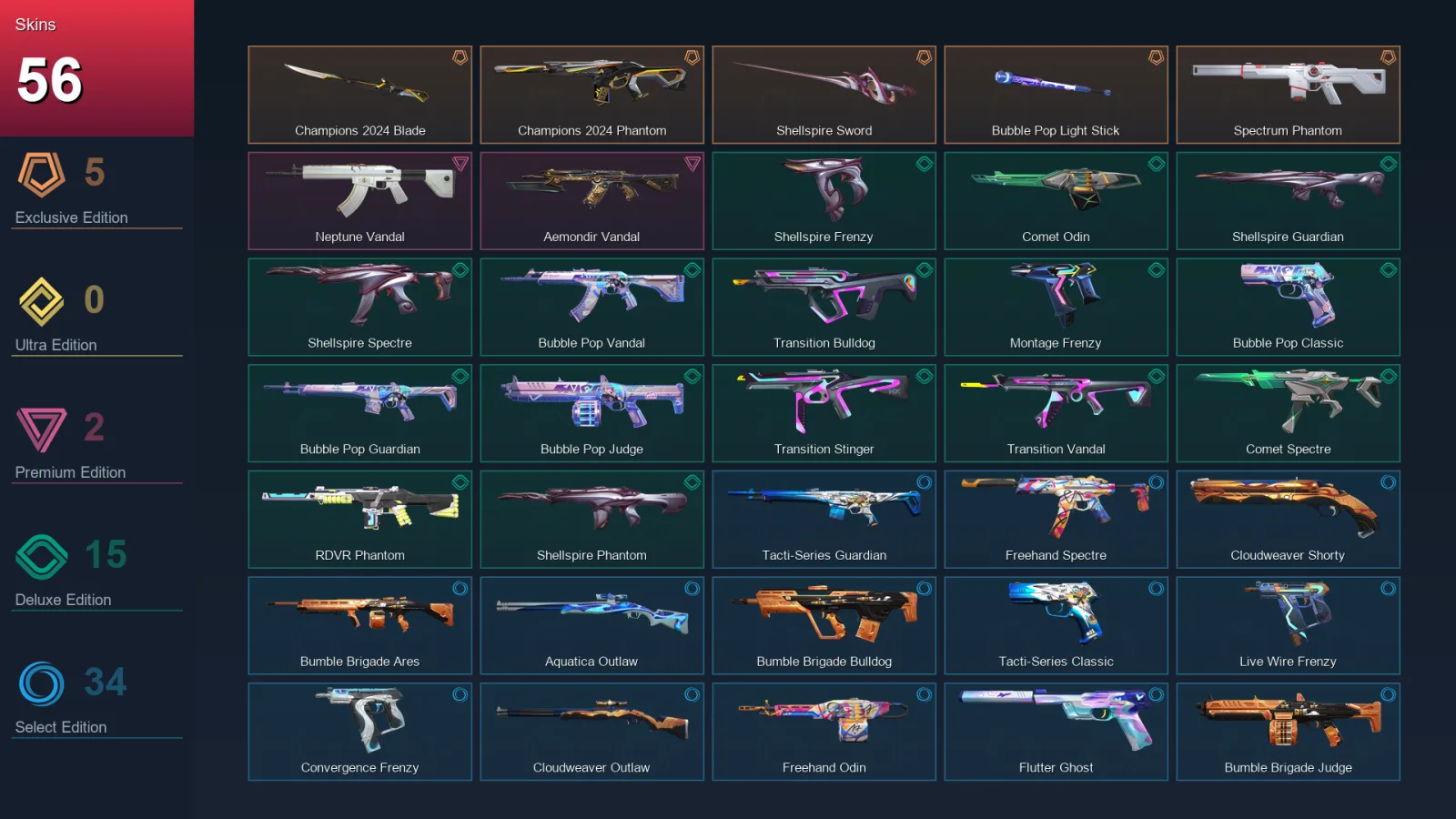 NA | Lv105 | Unranked | 56 Skin | 13 Agent | 65 Buddy