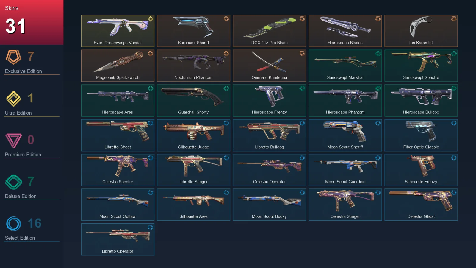NA | Lv38 | Unranked | 31 Skin | 13 Agent | 22 Buddy — Evori Dreamwings Vandal
