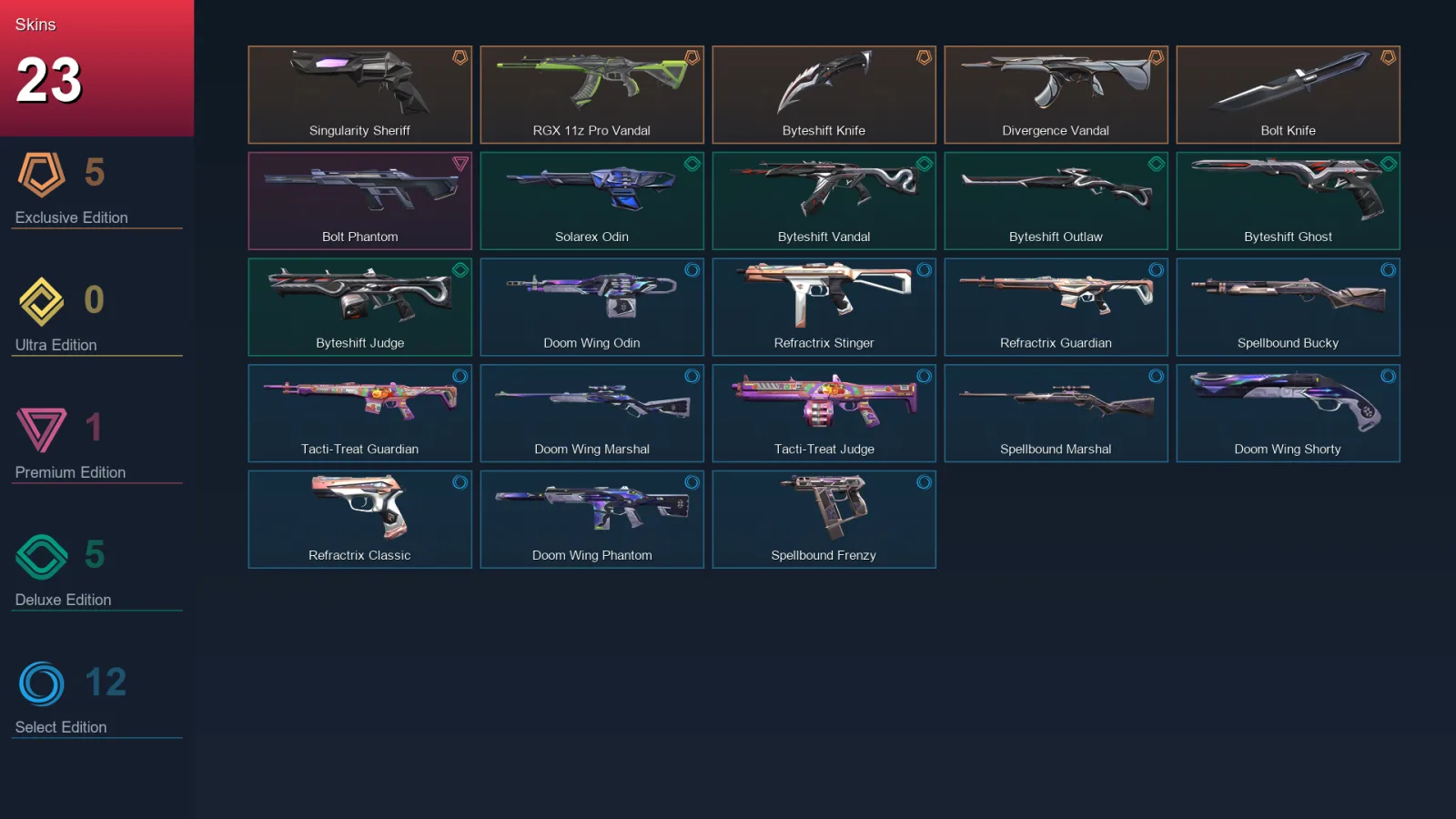 EU | Lv27 | Unranked | 23 Skin | 10 Agent | 19 Buddy — Refractrix Stinger
