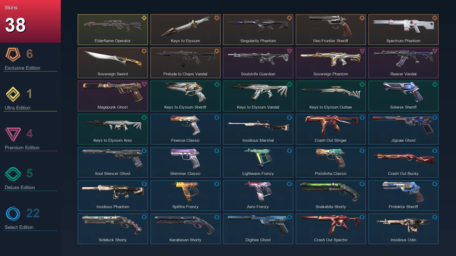 LA | Keys to Elysium | Singularity Phantom | Neo Frontier Sheriff | Spectrum Phantom | 38 Skin | 29 Agent | 96 Buddy | Lv267