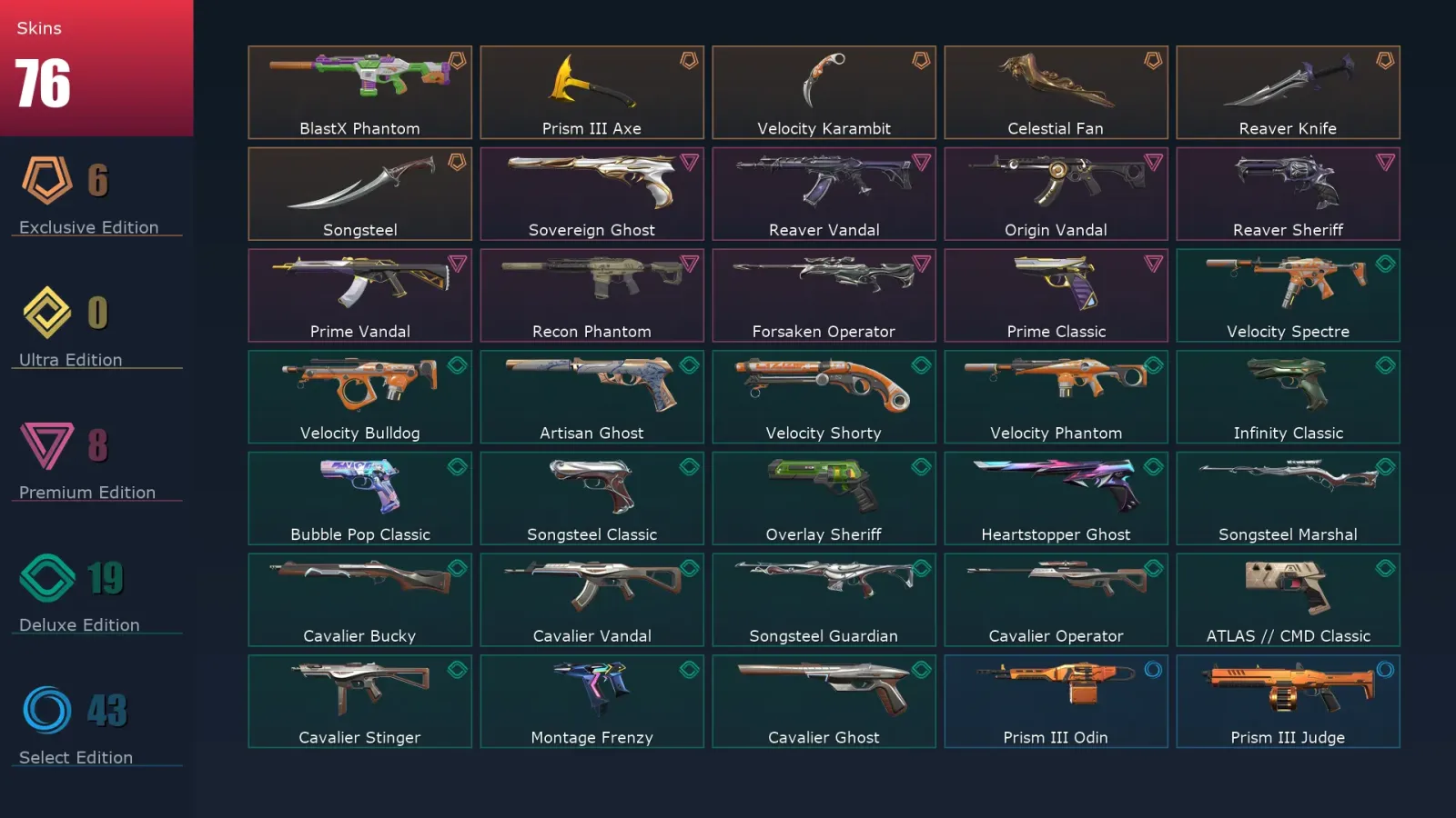 [Valorant] | EU | Level 480 | Platinum 3 | 29 Agents | 76 Skins