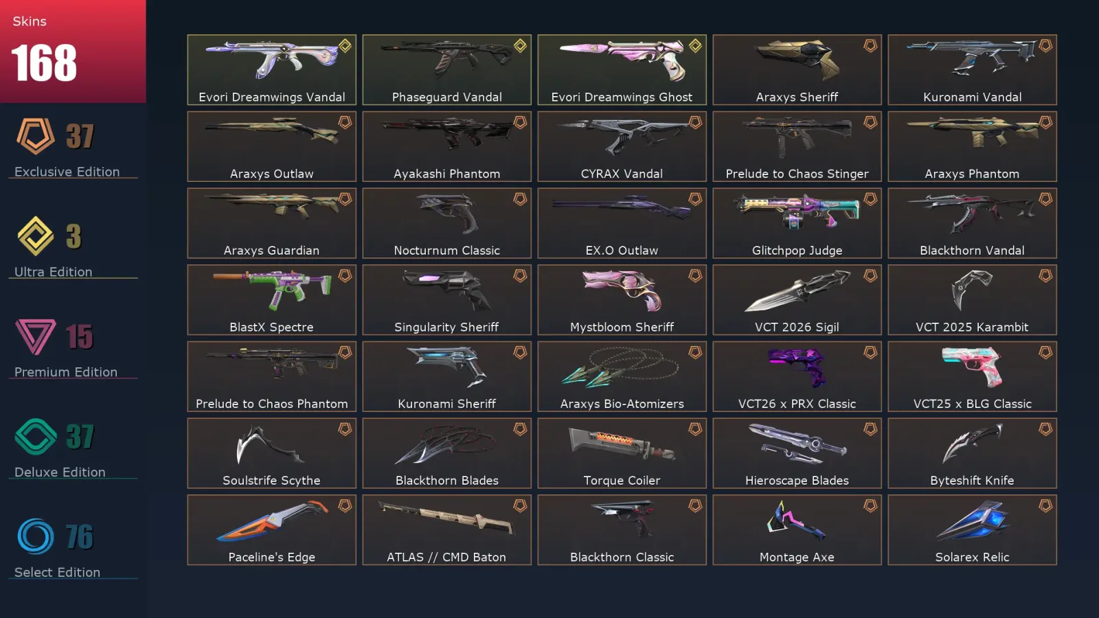 [Valorant] | EU | Level 165 | 29 Agents | 168 Skins