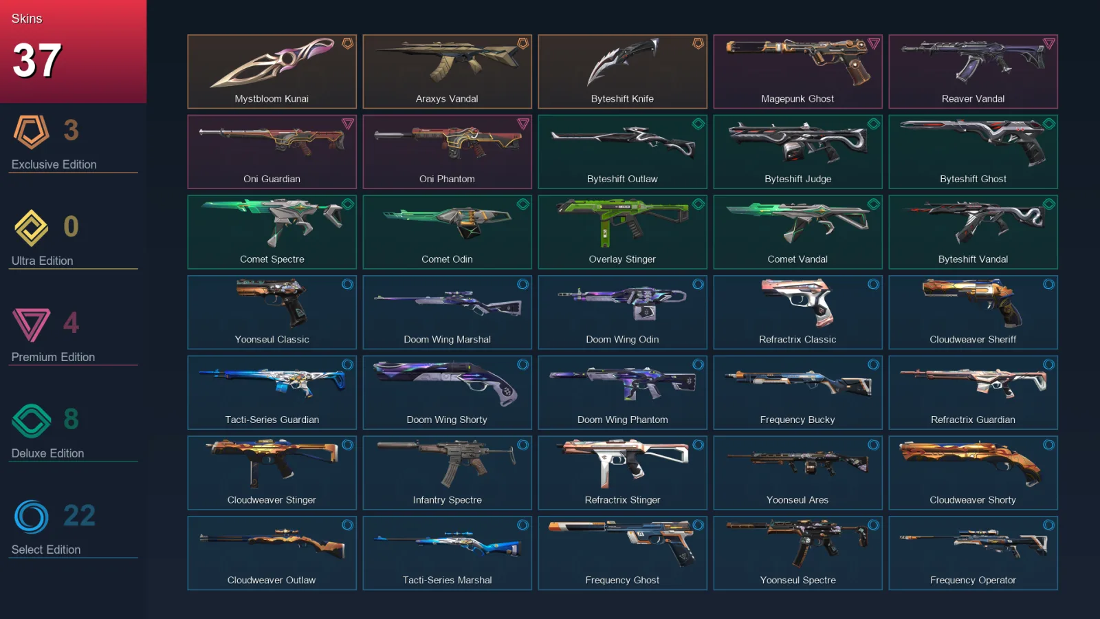 EU | Mystbloom Kunai | Araxys Vandal | Byteshift Knife | Magepunk Ghost | 37 Skin | 26 Agent | 44 Buddy | Lv75