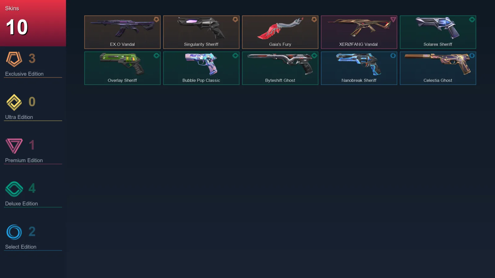 AP | Lv144 | Unranked | 10 Skin | 27 Agent | 38 Buddy — Singularity Sheriff