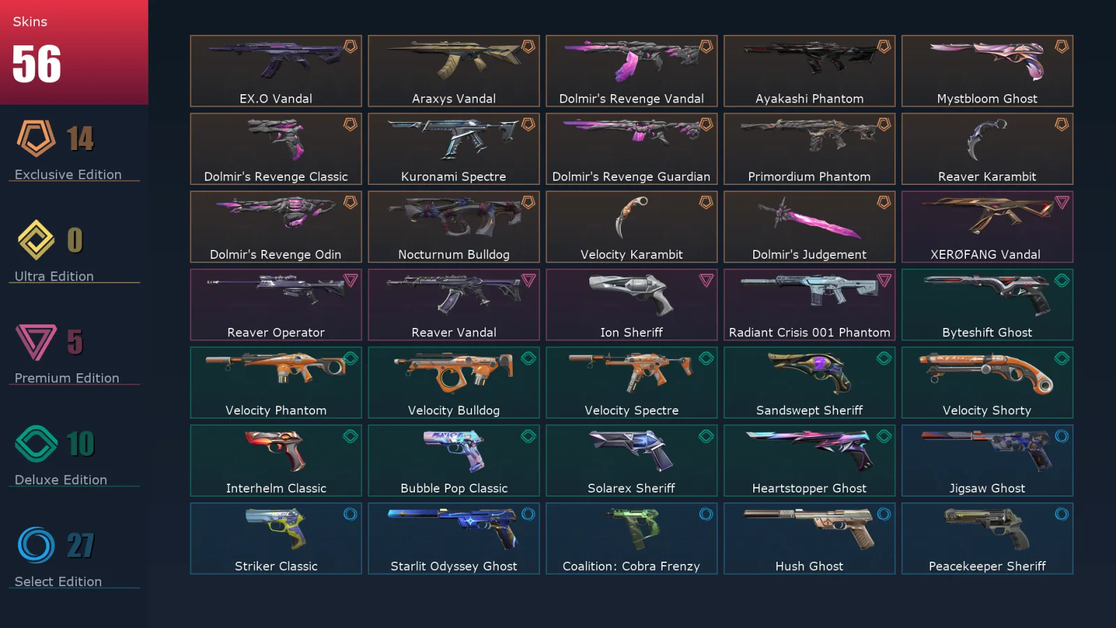 [Valorant] | EU | Level 321 | 29 Agents | 56 Skins