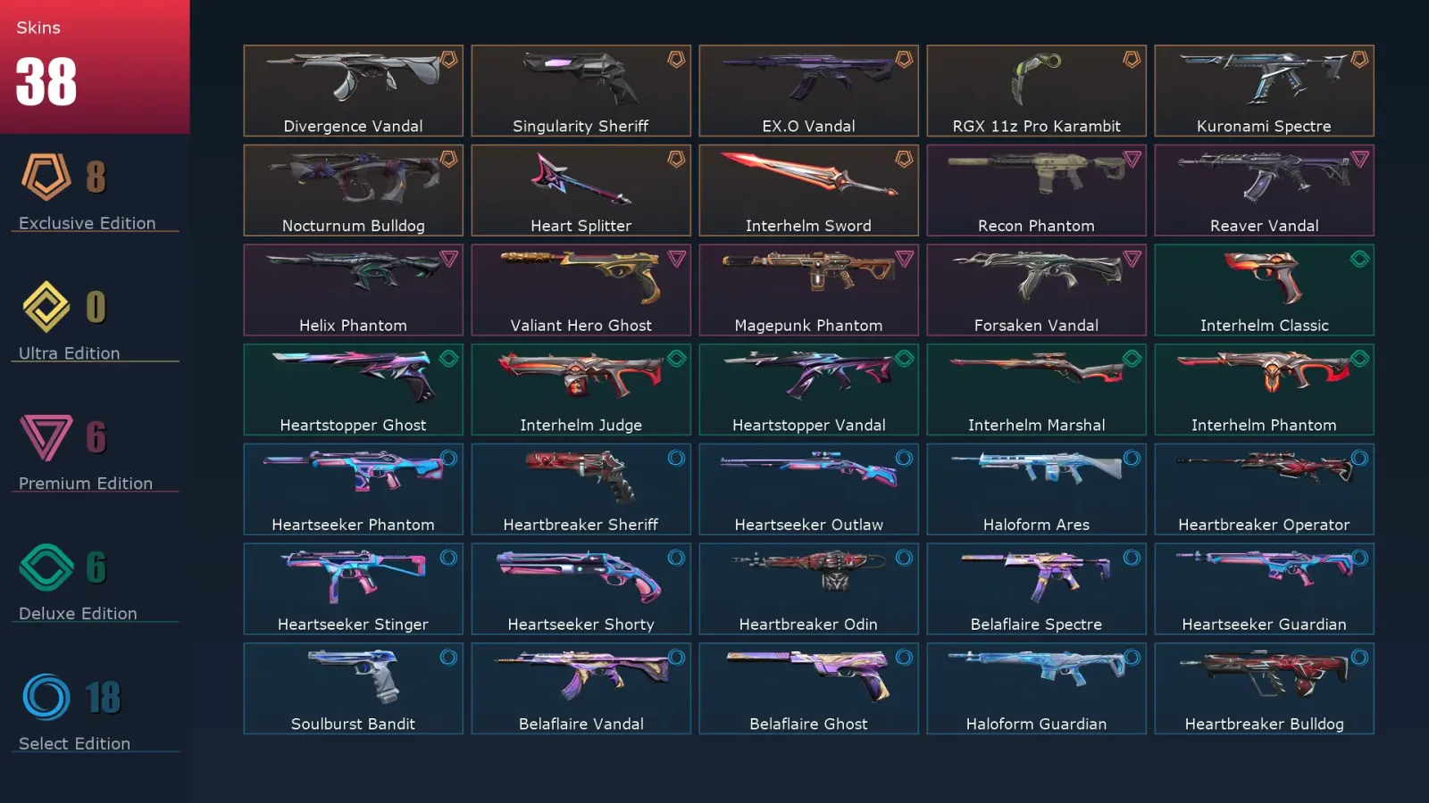 [Valorant] | EU | Level 99 | 24 Agents | 38 Skins