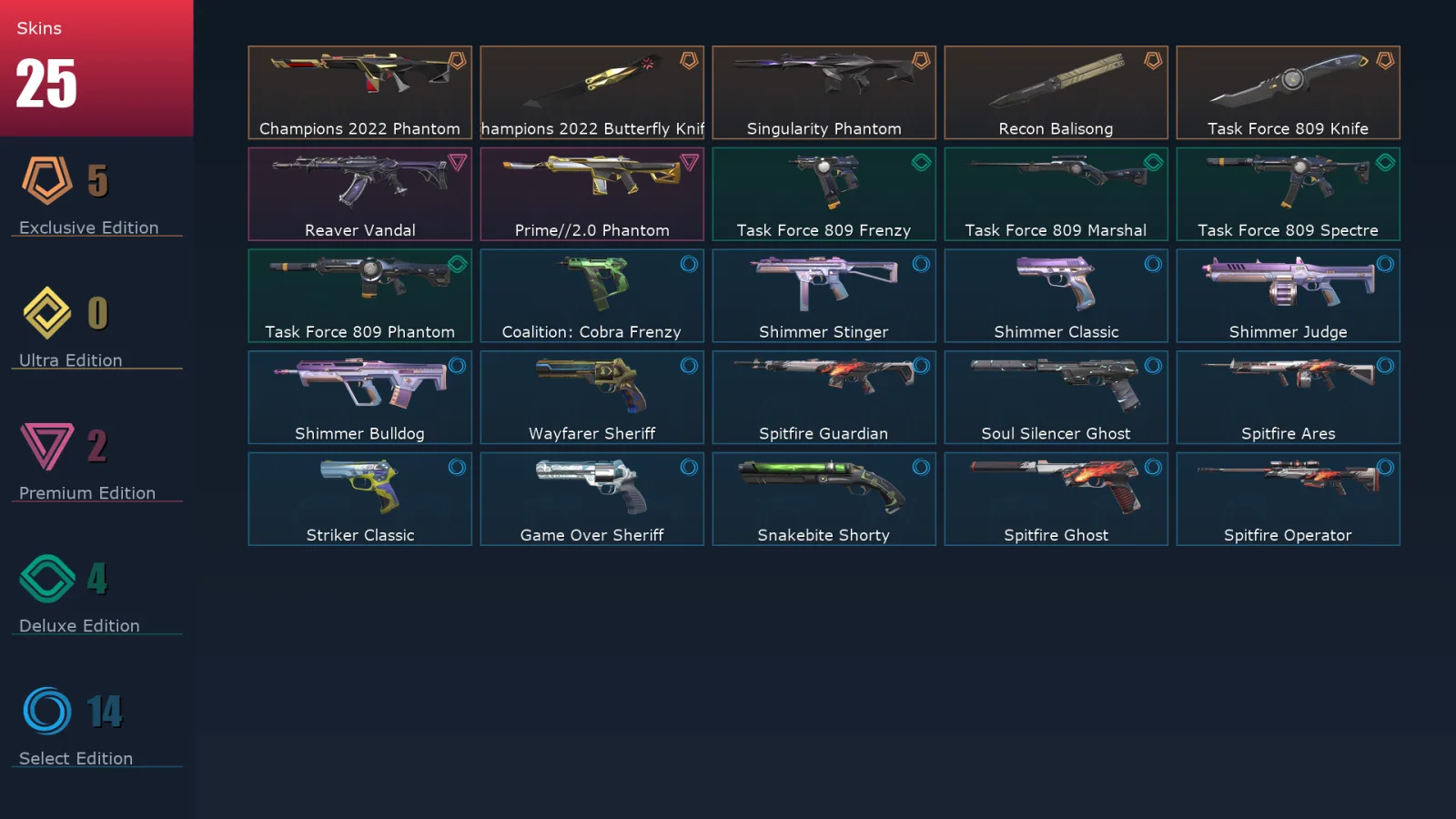 [Valorant] | EU | Level 159 | Platinum 1 | 23 Agents | 25 Skins