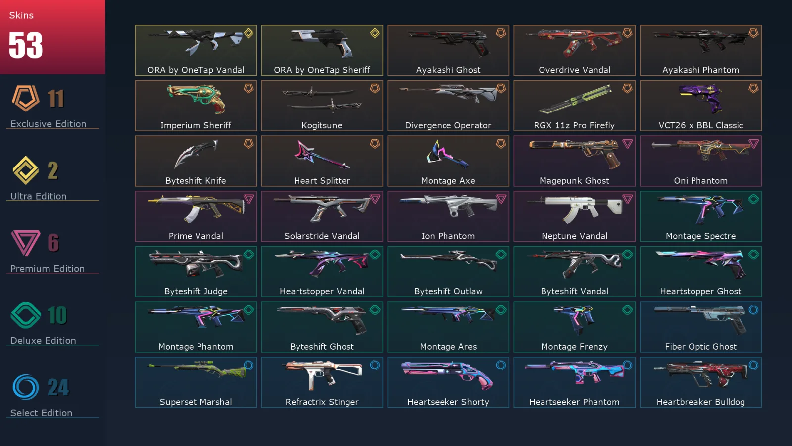 [Valorant] | EU | Level 162 | Diamond 2 | 29 Agents | 53 Skins