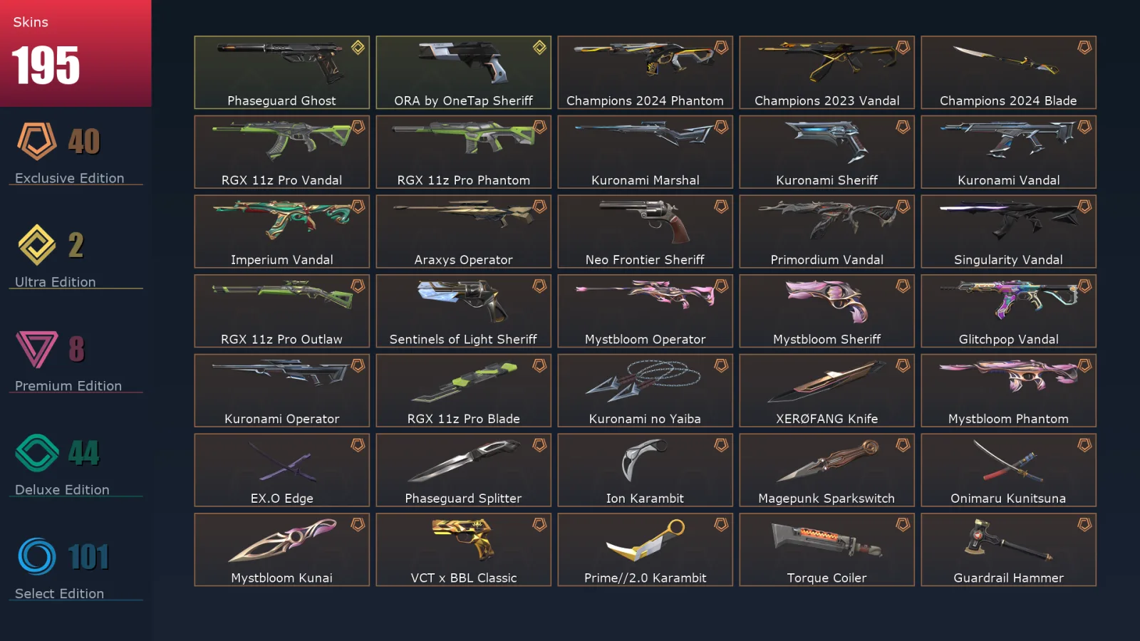 [Valorant] | EU | Level 259 | Platinum 2 | 29 Agents | 195 Skins