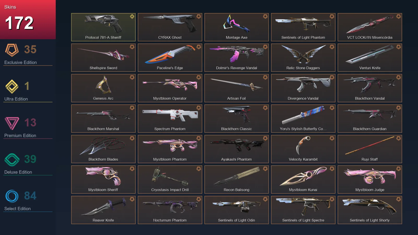 NA | CYRAX Ghost | Montage Axe | Sentinels of Light Phantom | VCT LOCK//IN Misericórdia | 172 Skin | 29 Agent | 155 Buddy | Lv175