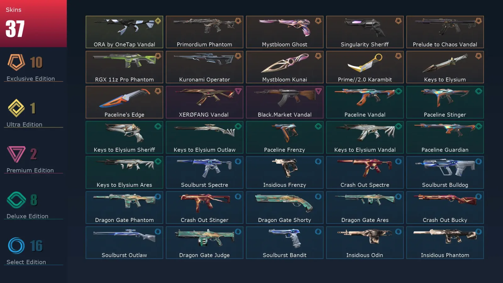 [Valorant] | EU | Level 50 | Diamond 3 | 16 Agents | 37 Skins