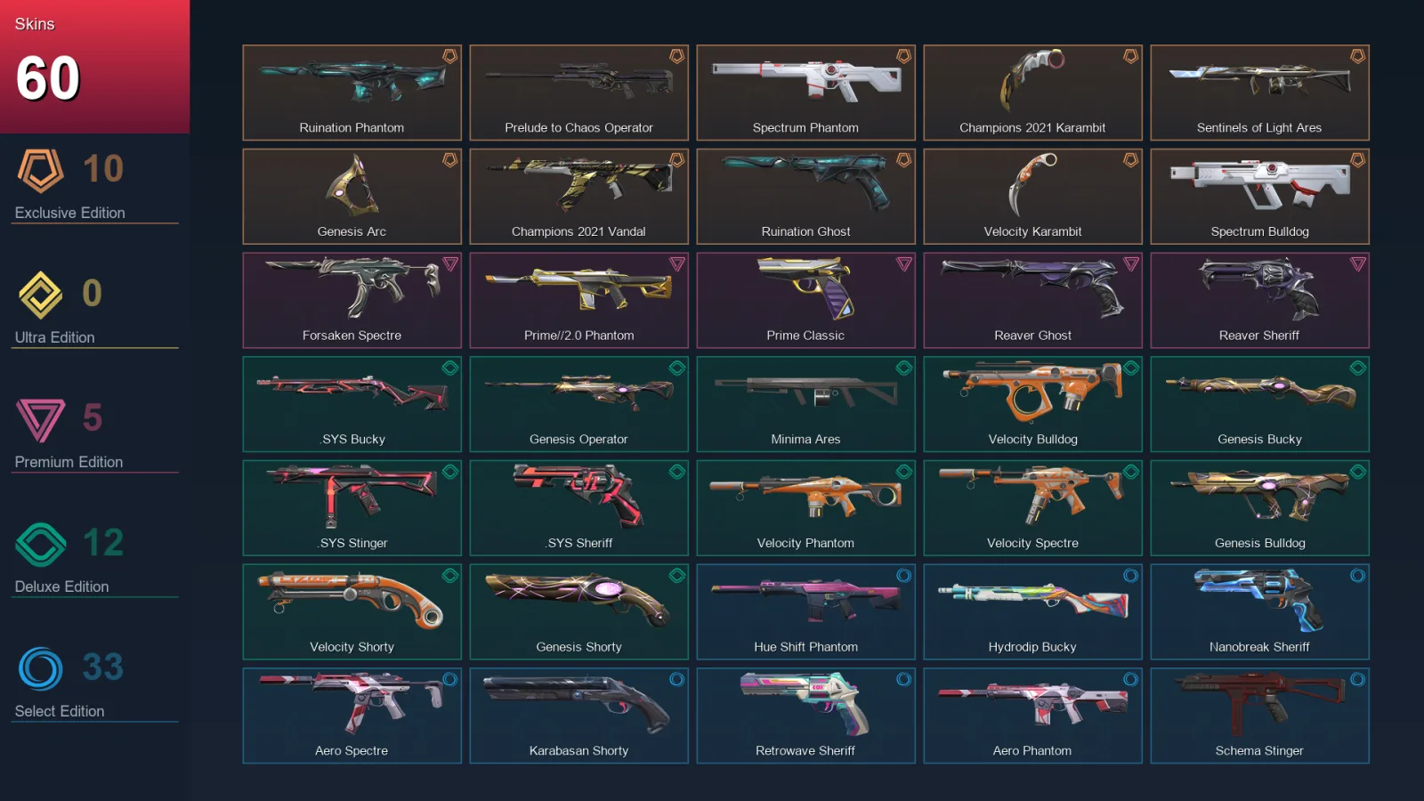 AP | Ruination Phantom | Prelude to Chaos Operator | Spectrum Phantom | Champions 2021 Karambit | 60 Skin | 29 Agent | 95 Buddy | Lv167