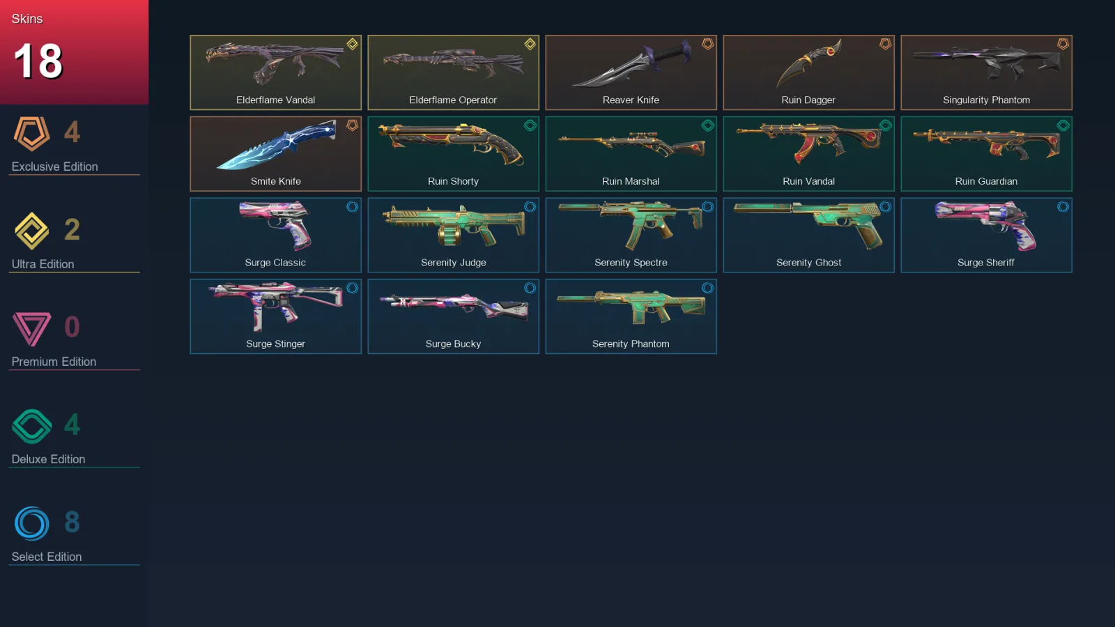 EU | Reaver Knife | Ruin Dagger | Singularity Phantom | Smite Knife | 18 Skin | 21 Agent | 25 Buddy | Lv51