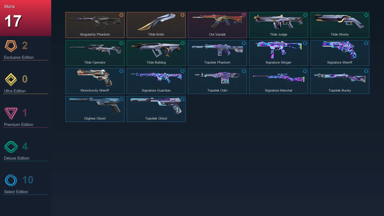 AP | Singularity Phantom | Tilde Knife | Oni Vandal | Tilde Judge | 17 Skin | 23 Agent | 32 Buddy | Lv98