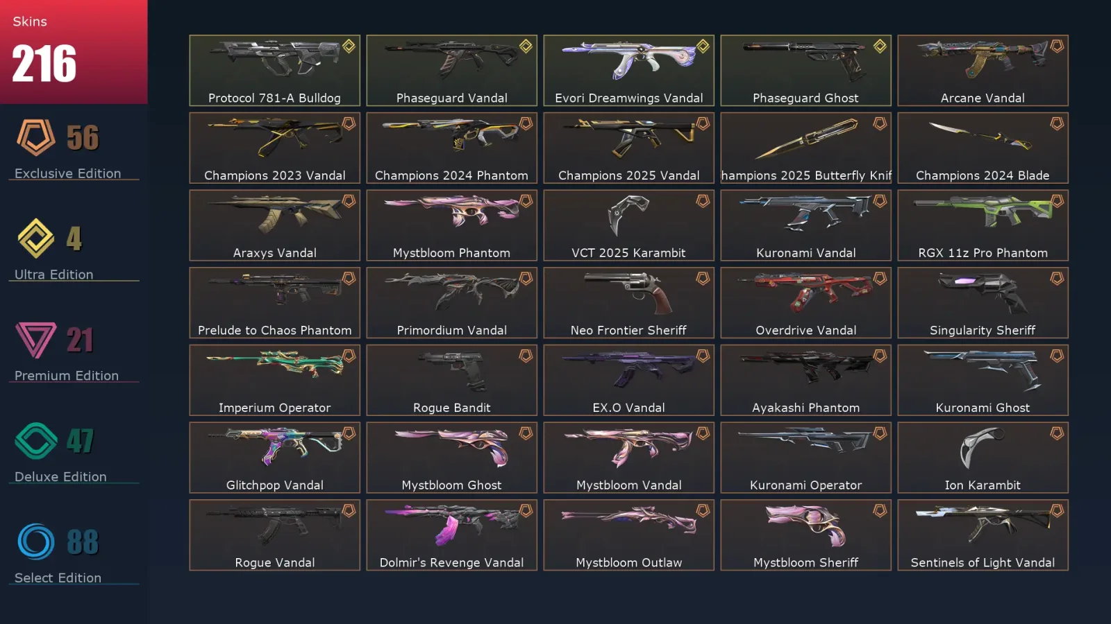 [Valorant] | EU | Level 410 | Platinum 1 | 29 Agents | 216 Skins