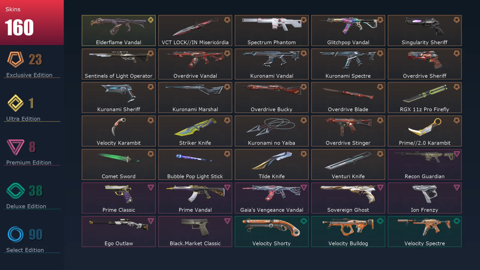 [Valorant] | EU | Level 329 | Gold 2 | 29 Agents | 160 Skins