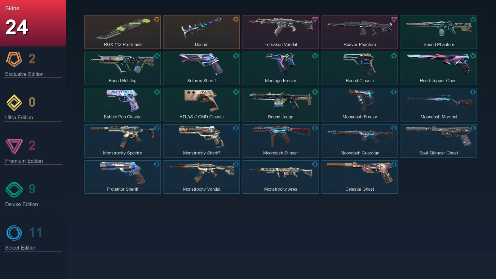 EU | Lv157 | Unranked | 24 Skin | 23 Agent | 62 Buddy — Monstrocity Spectre