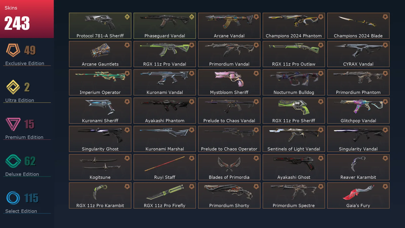 [Valorant] | EU | Level 500 | Gold 3 | 29 Agents | 243 Skins