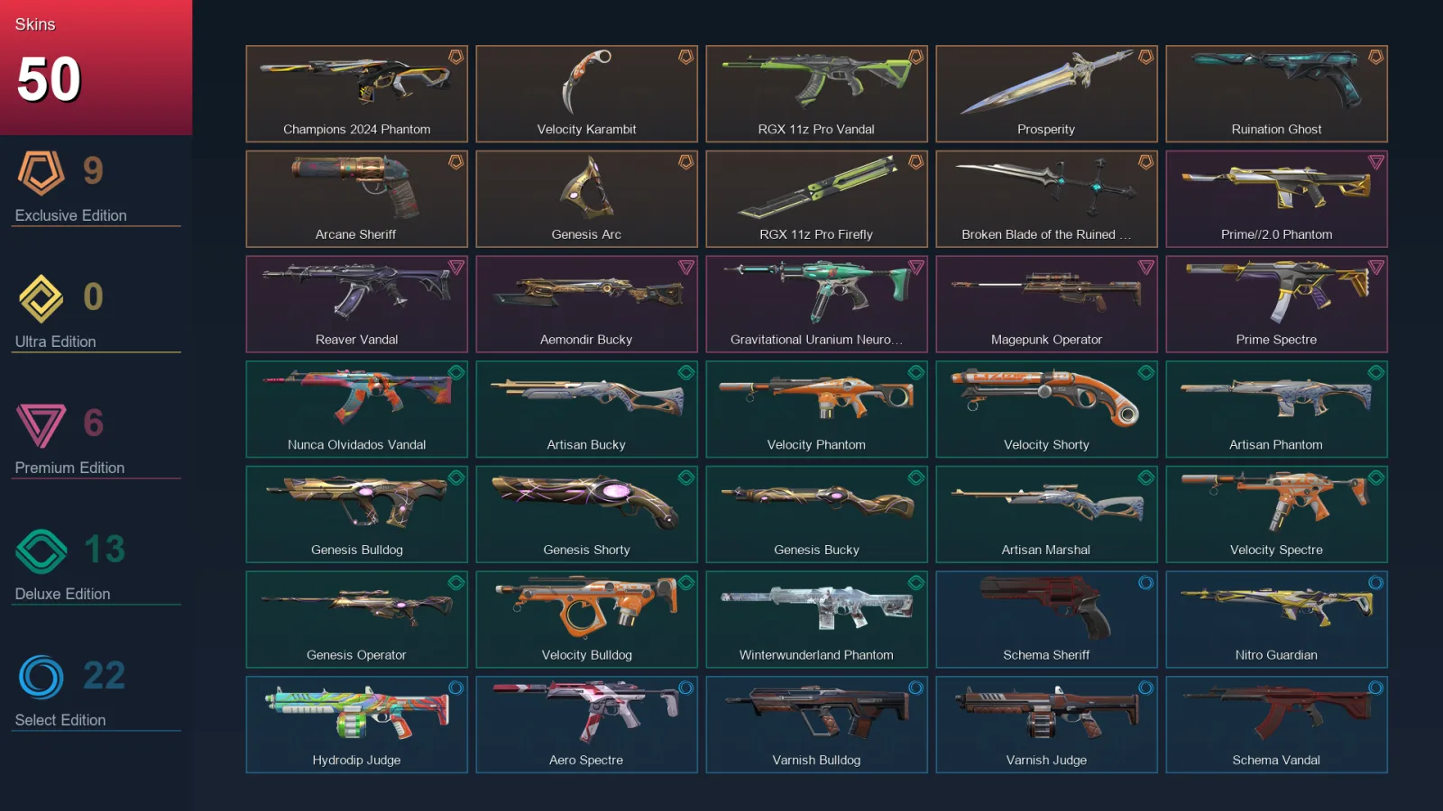 NA | Champions 2024 Phantom | Velocity Karambit | RGX 11z Pro Vandal | Prosperity | 50 Skin | 26 Agent | 68 Buddy | Lv115