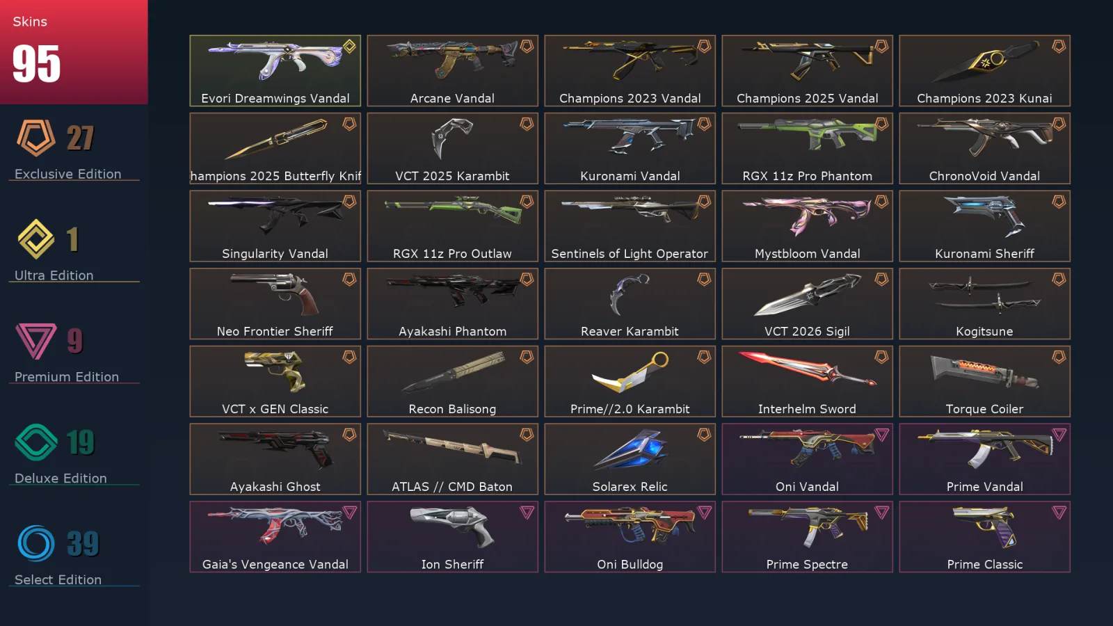 [Valorant] | EU | Level 183 | Diamond 2 | 29 Agents | 95 Skins