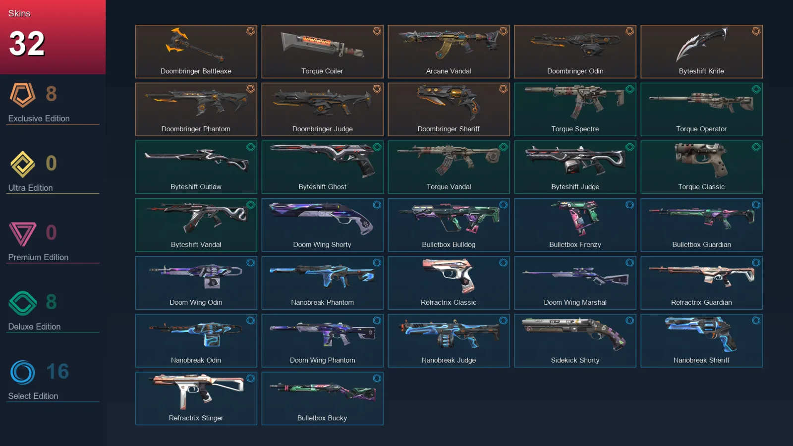 AP | Lv72 | Unranked | 32 Skin | 18 Agent | 35 Buddy