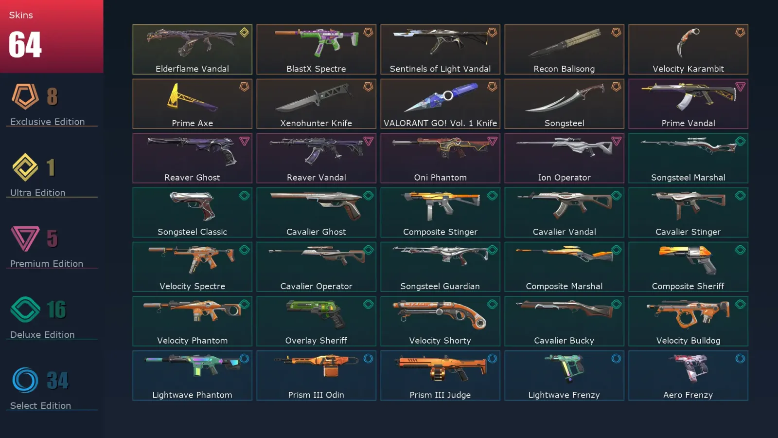 [Valorant] | EU | Level 121 | 27 Agents | 64 Skins