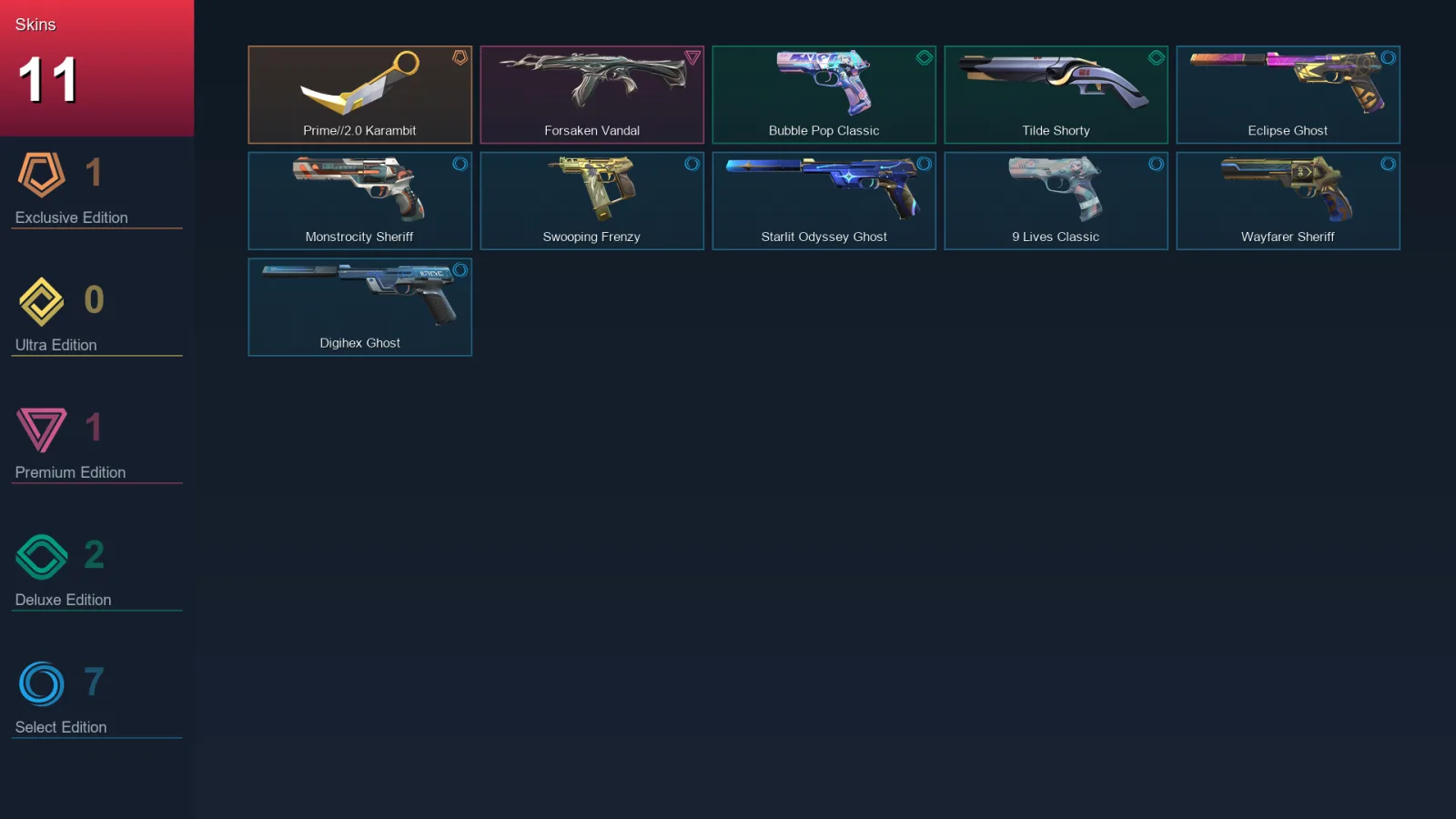AP | Lv180 | Unranked | 11 Skin | 27 Agent | 61 Buddy — Swooping Frenzy