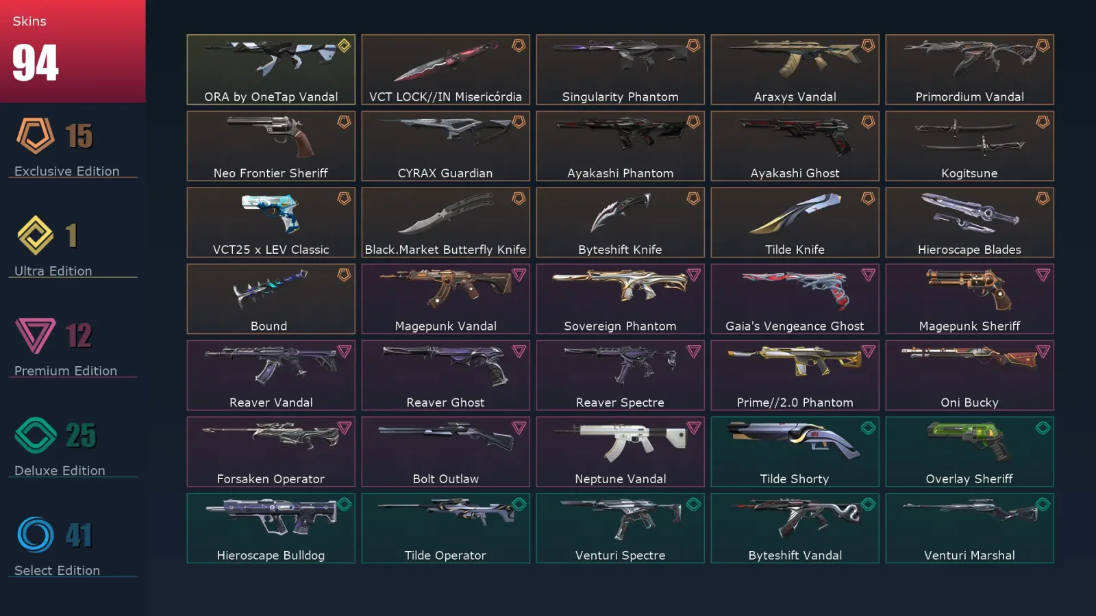 [Valorant] | EU | Level 224 | Platinum 1 | 29 Agents | 94 Skins — Valorant account