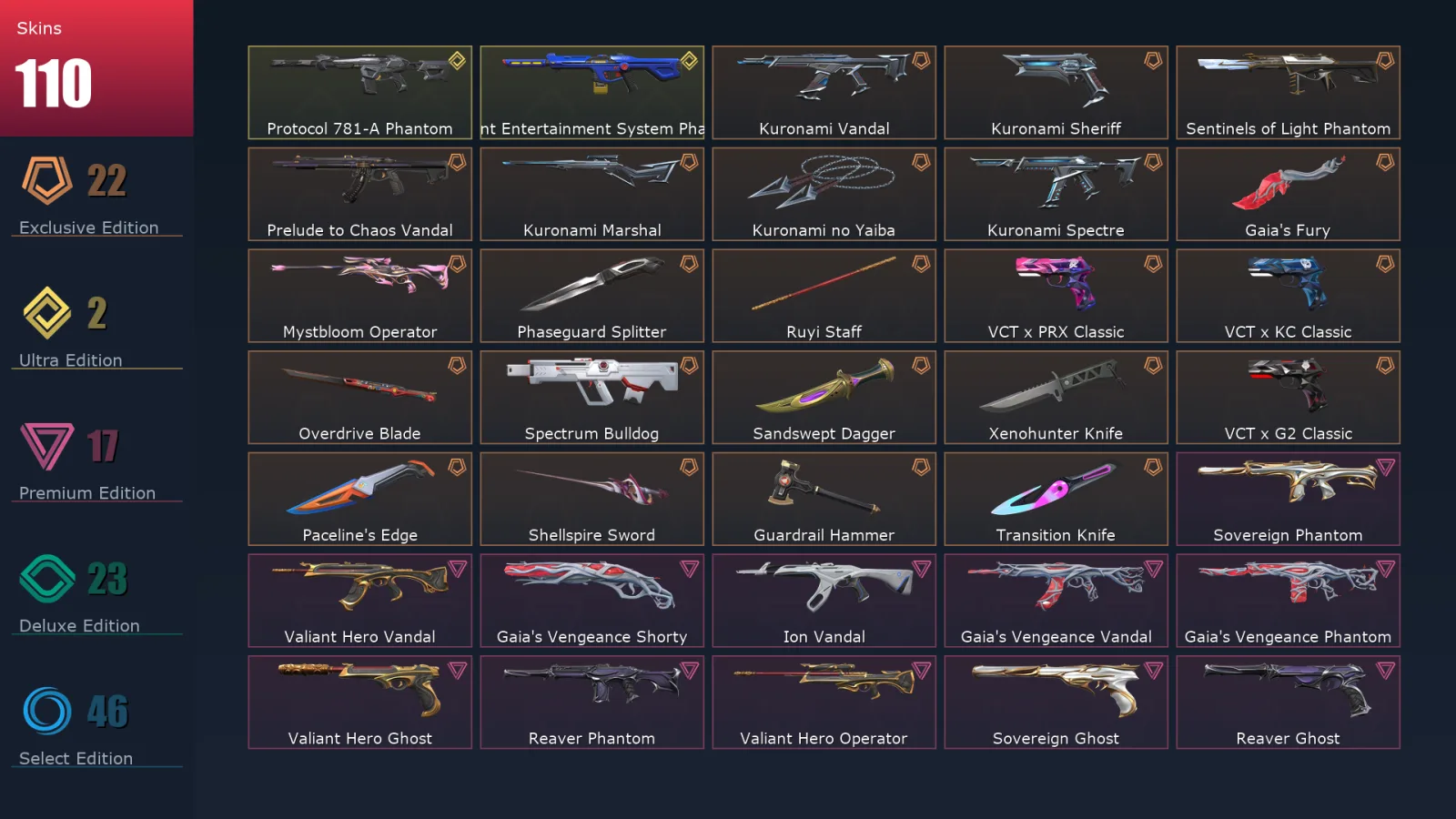 [Valorant] | EU | Level 131 | 27 Agents | 110 Skins