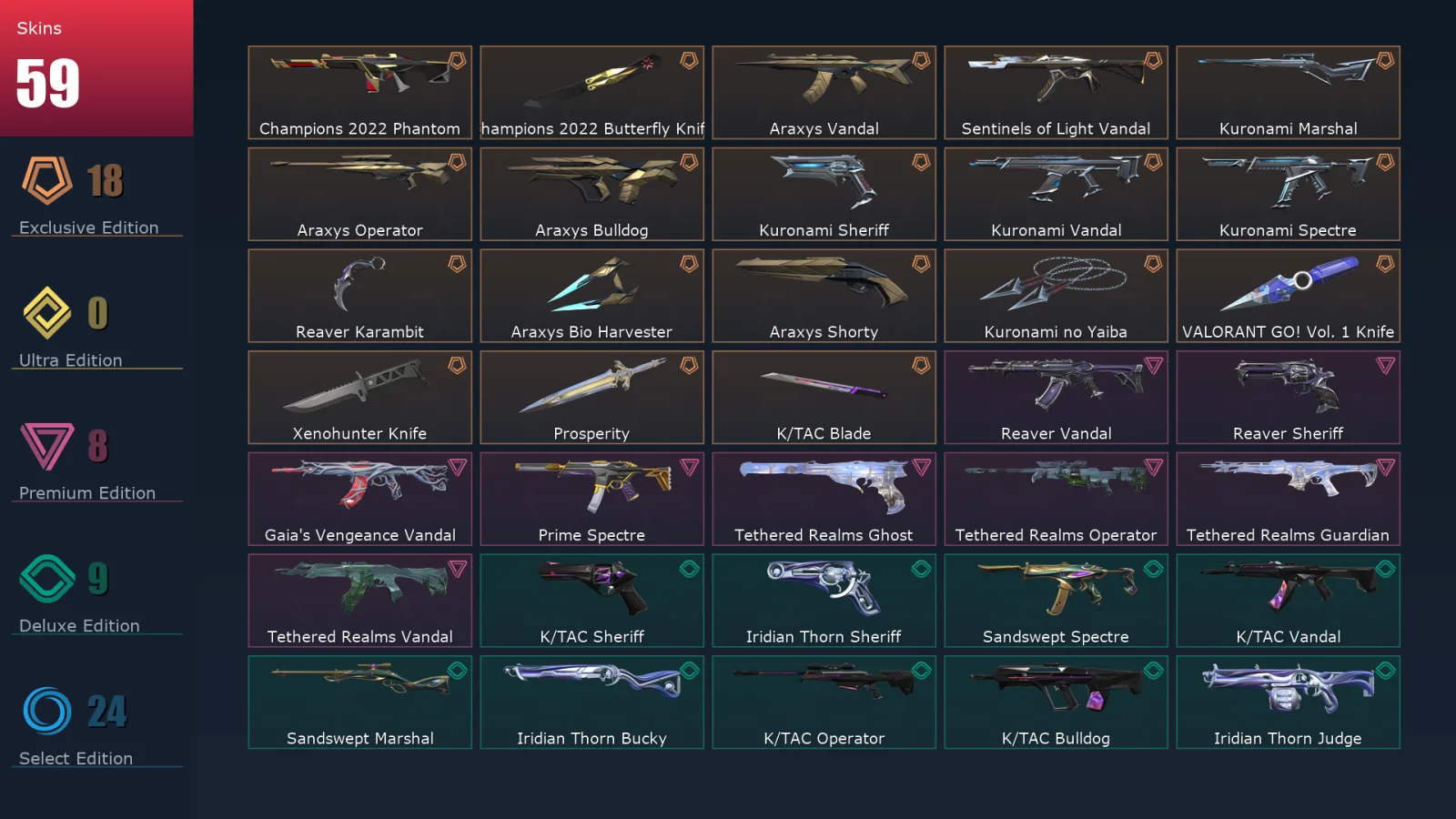 [Valorant] | EU | Level 161 | 20 Agents | 59 Skins