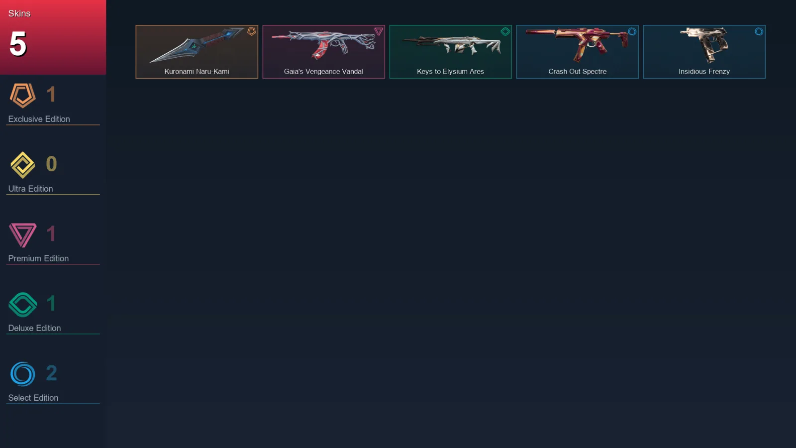 EU | Kuronami Naru-Kami | Gaia's Vengeance Vandal | Keys to Elysium Ares | Crash Out Spectre | 5 Skin | 6 Agent | 3 Buddy | Lv5