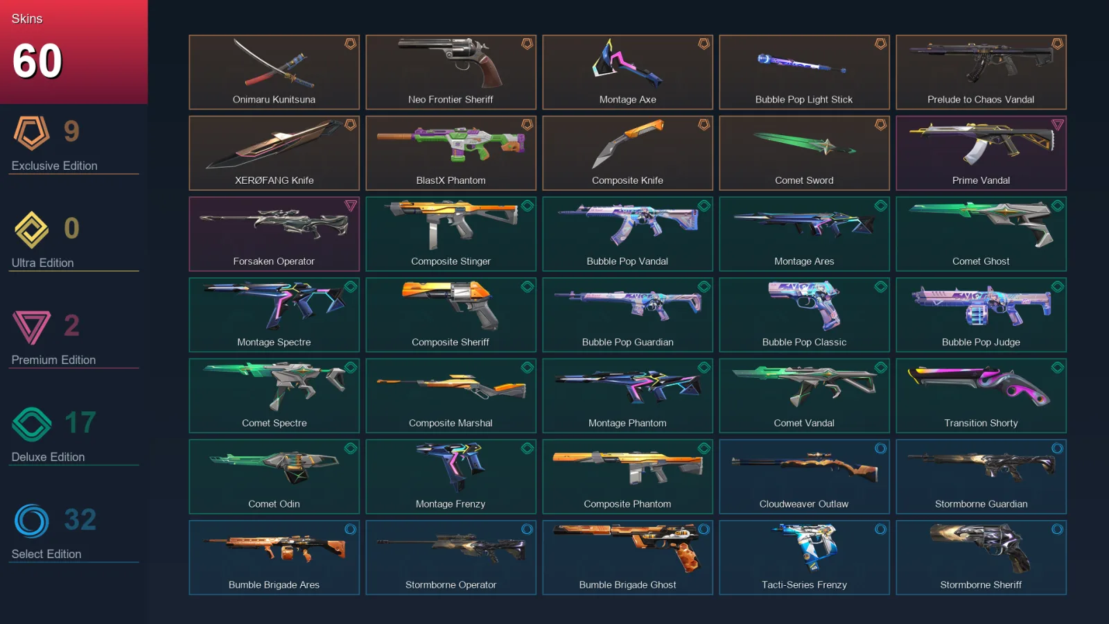 EU | Lv174 | Unranked | 60 Skin | 24 Agent | 78 Buddy — Unranked / Smurf Valorant