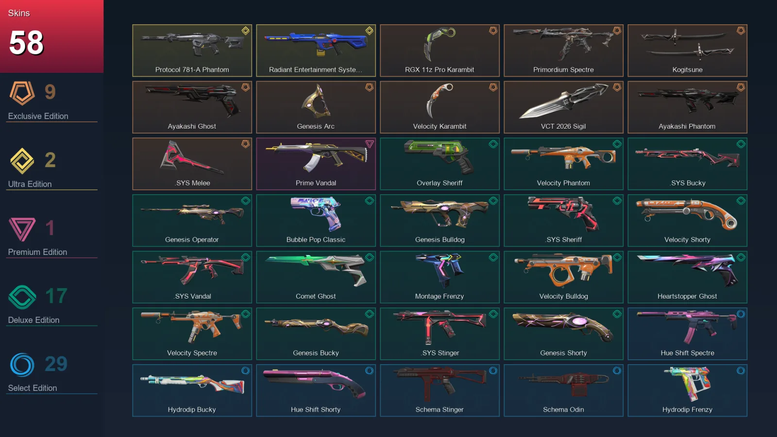 AP | Lv205 | Unranked | 58 Skin | 29 Agent | 117 Buddy