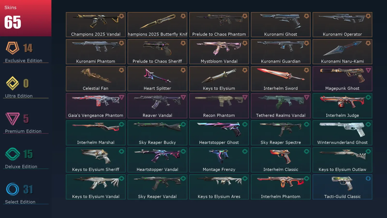 [Valorant] | EU | Level 94 | Gold 1 | 21 Agents | 65 Skins