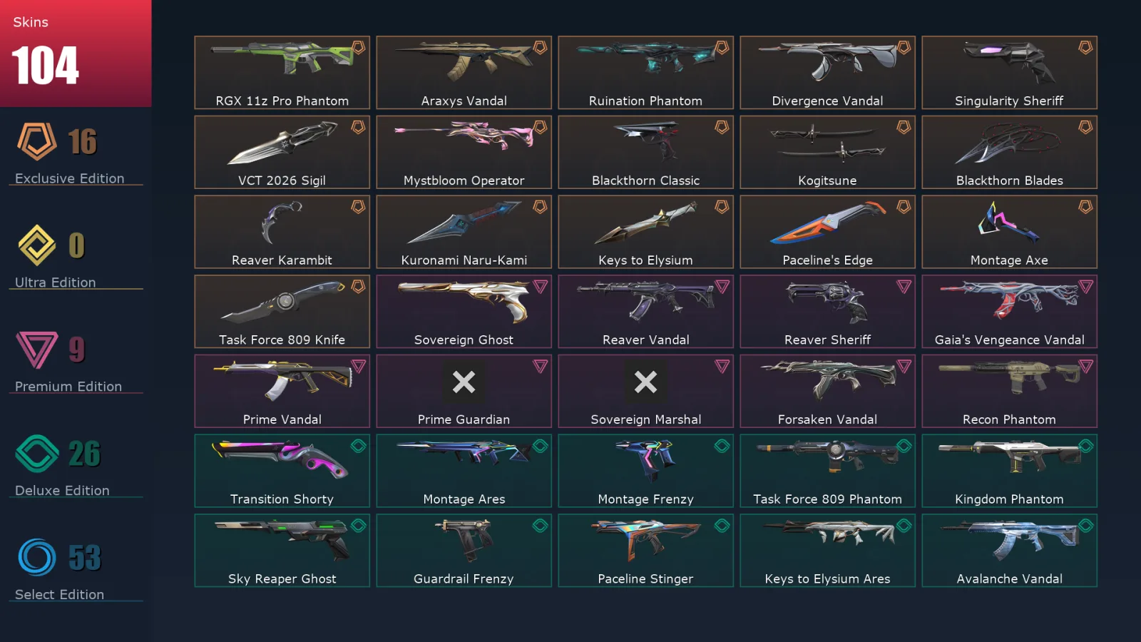 [Valorant] | EU | Level 264 | Diamond 2 | 29 Agents | 104 Skins