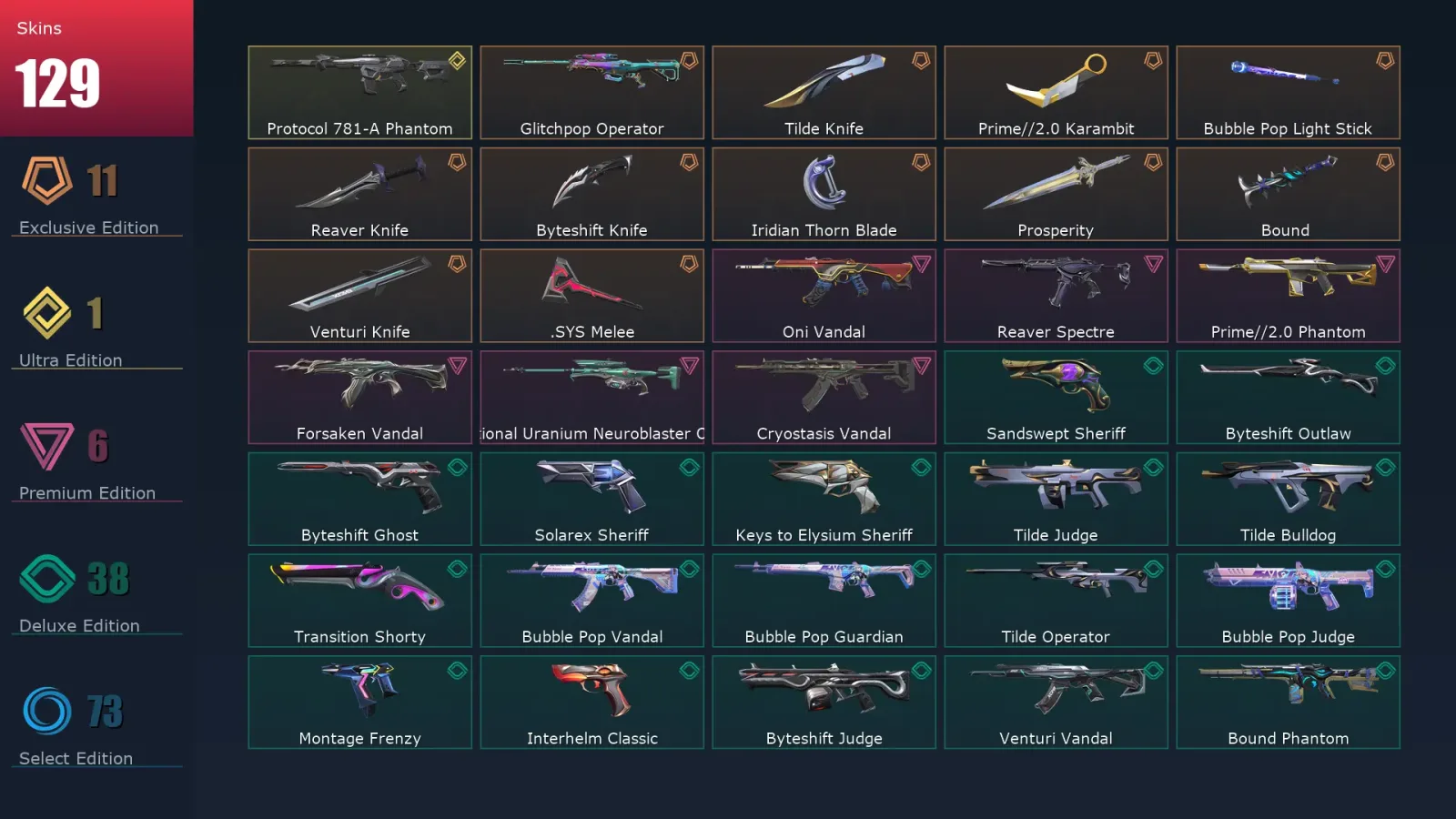 [Valorant] | EU | Level 463 | Bronze 3 | 29 Agents | 129 Skins