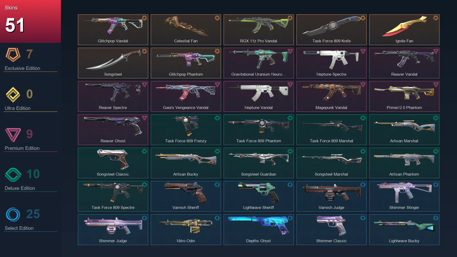 NA | Glitchpop Vandal | Celestial Fan | RGX 11z Pro Vandal | Task Force 809 Knife | 51 Skin | 24 Agent | 67 Buddy | Lv156