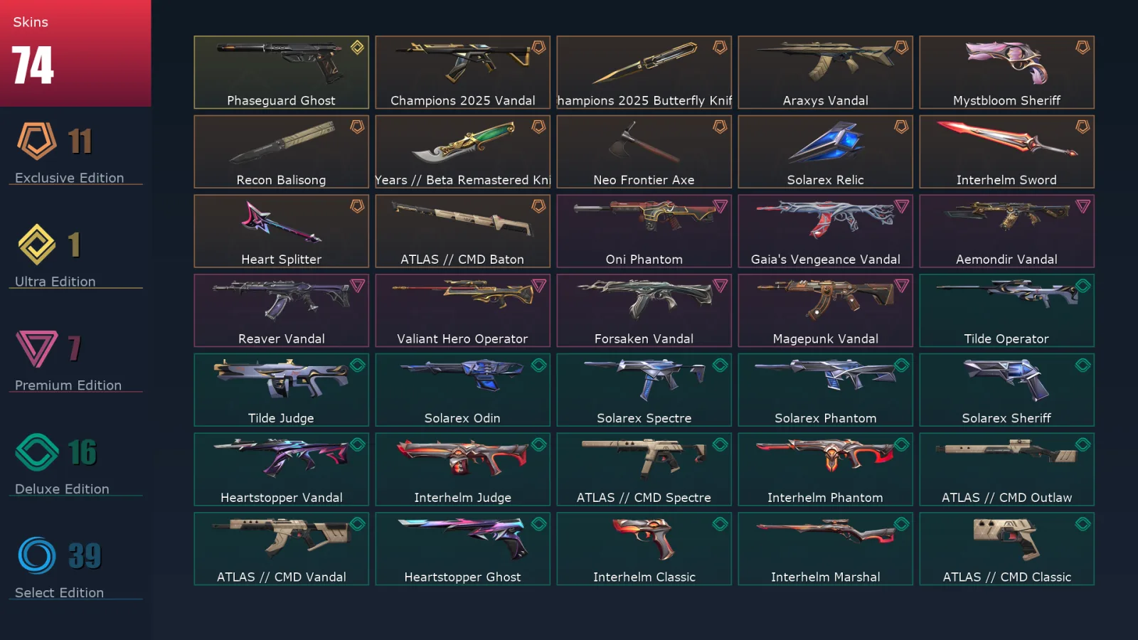[Valorant] | EU | Level 154 | 28 Agents | 74 Skins