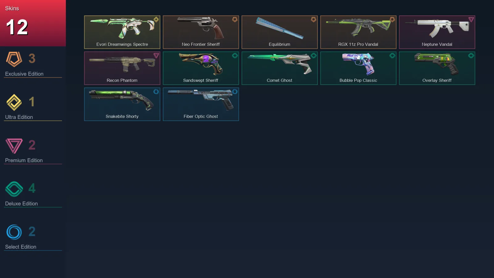 AP | Neo Frontier Sheriff | Equilibrium | RGX 11z Pro Vandal | Evori Dreamwings Spectre | 12 Skin | 28 Agent | 55 Buddy | Lv161
