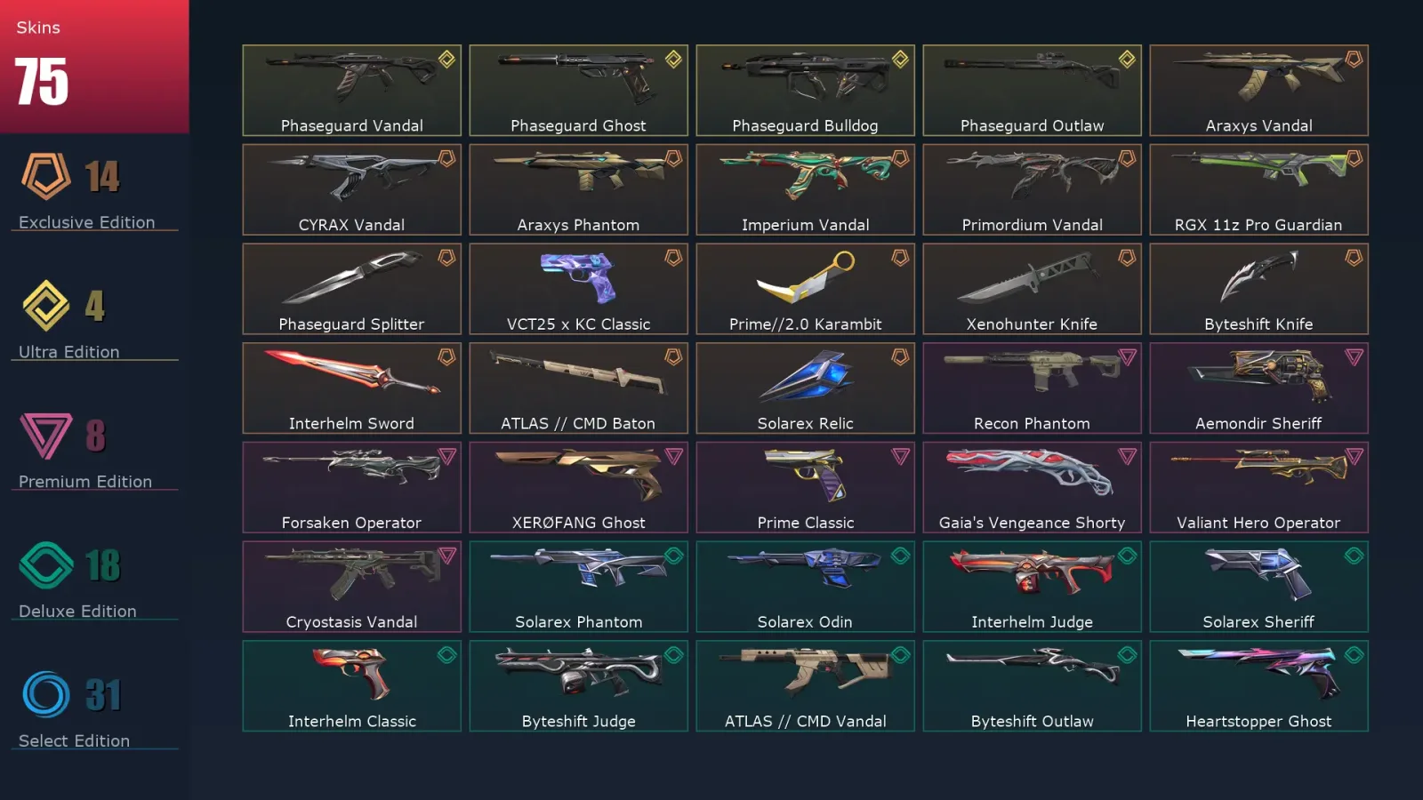 [Valorant] | EU | Level 1 | Immortal 1 | 29 Agents | 75 Skins