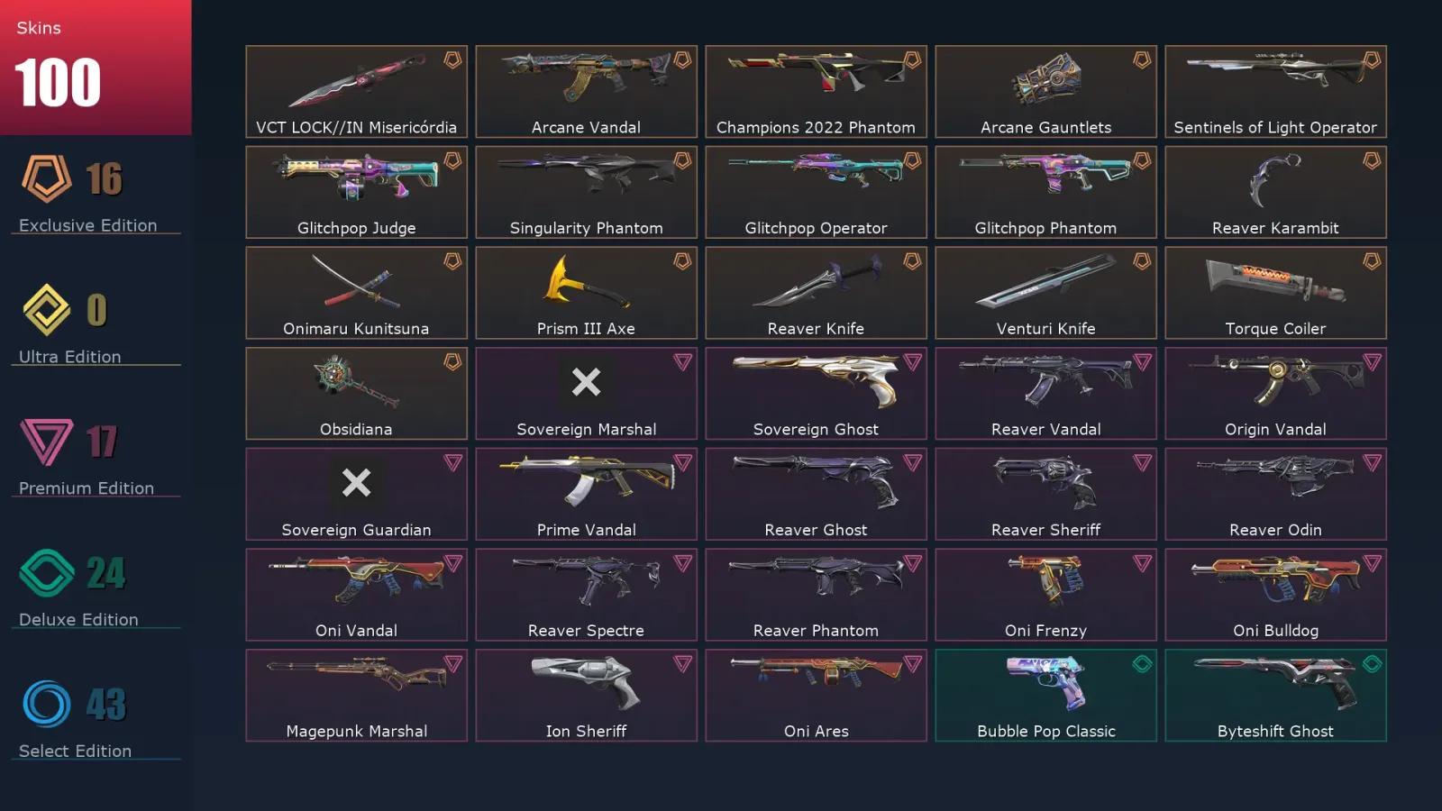 [Valorant] | EU | Level 247 | 29 Agents | 100 Skins