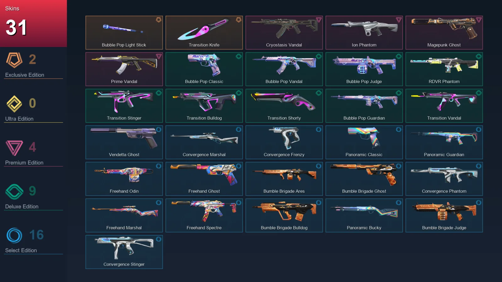 EU | Bubble Pop Light Stick | Transition Knife | Cryostasis Vandal | Ion Phantom | 31 Skin | 24 Agent | 71 Buddy | Lv115