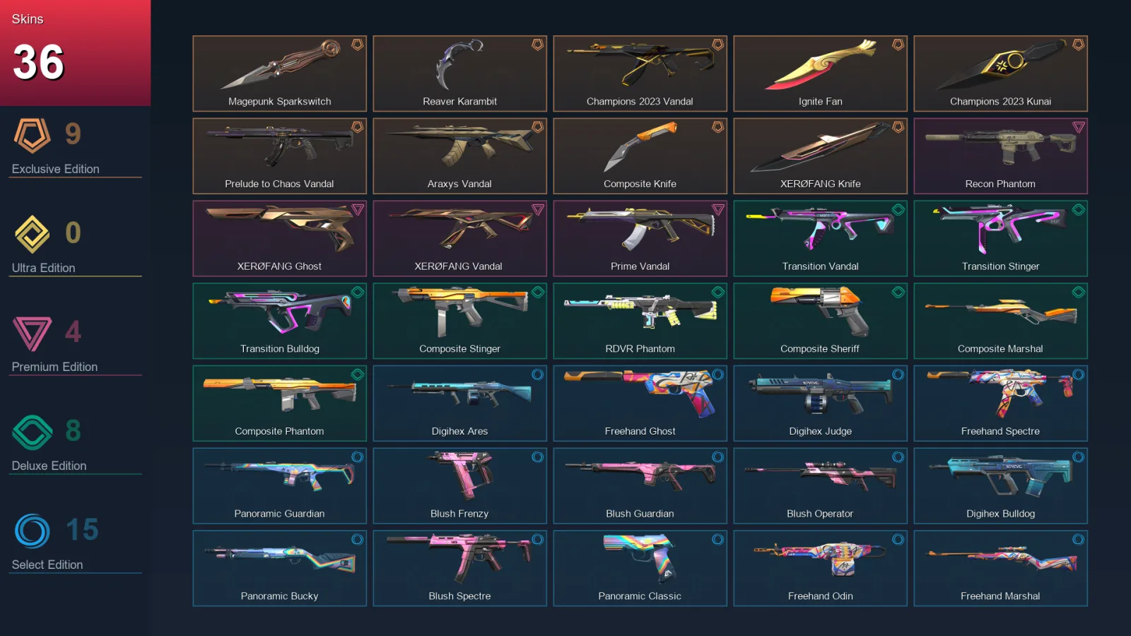 AP | Magepunk Sparkswitch | Reaver Karambit | Champions 2023 Vandal | Ignite Fan | 36 Skin | 11 Agent | 38 Buddy | Lv55