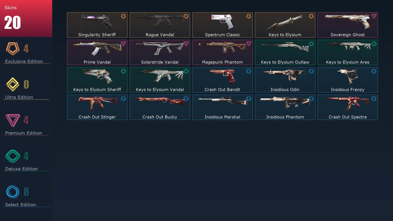 [Valorant] | EU | Level 44 | Platinum 1 | 14 Agents | 20 Skins