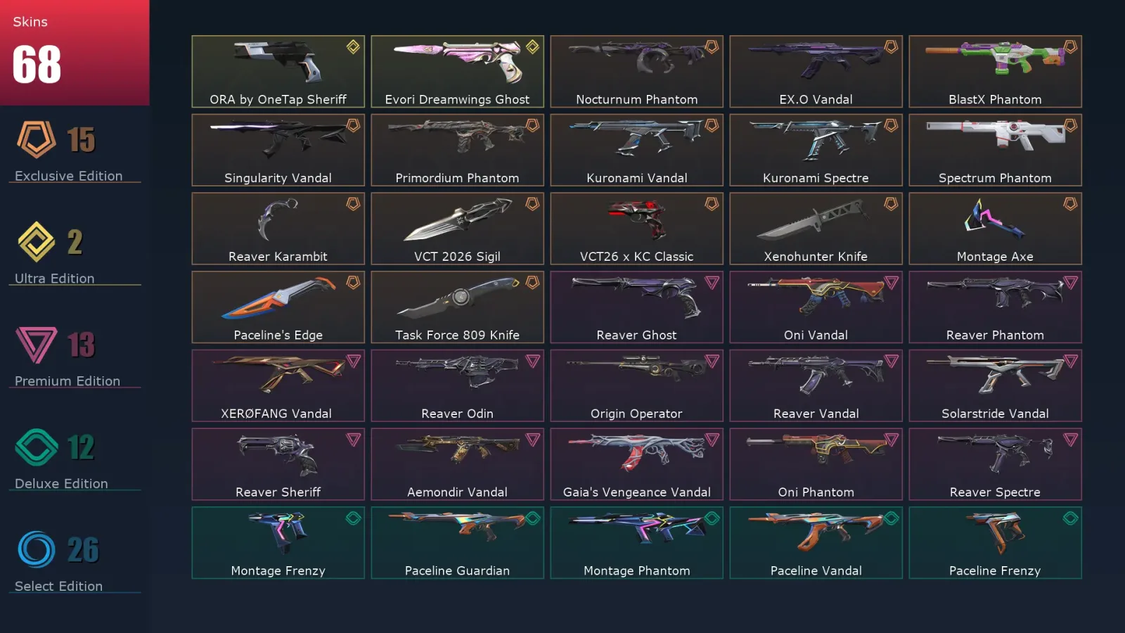 [Valorant] | EU | Level 234 | Platinum 3 | 29 Agents | 68 Skins
