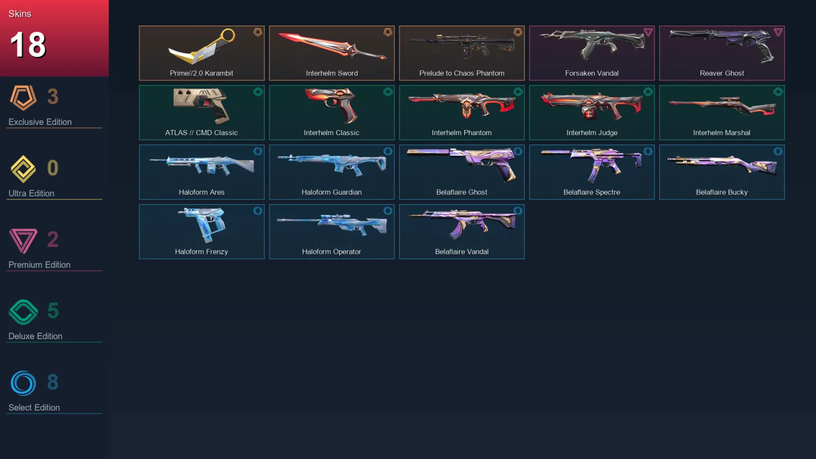 BR | Prime//2.0 Karambit | Interhelm Sword | Prelude to Chaos Phantom | Forsaken Vandal | 18 Skin | 17 Agent | 17 Buddy | Lv70
