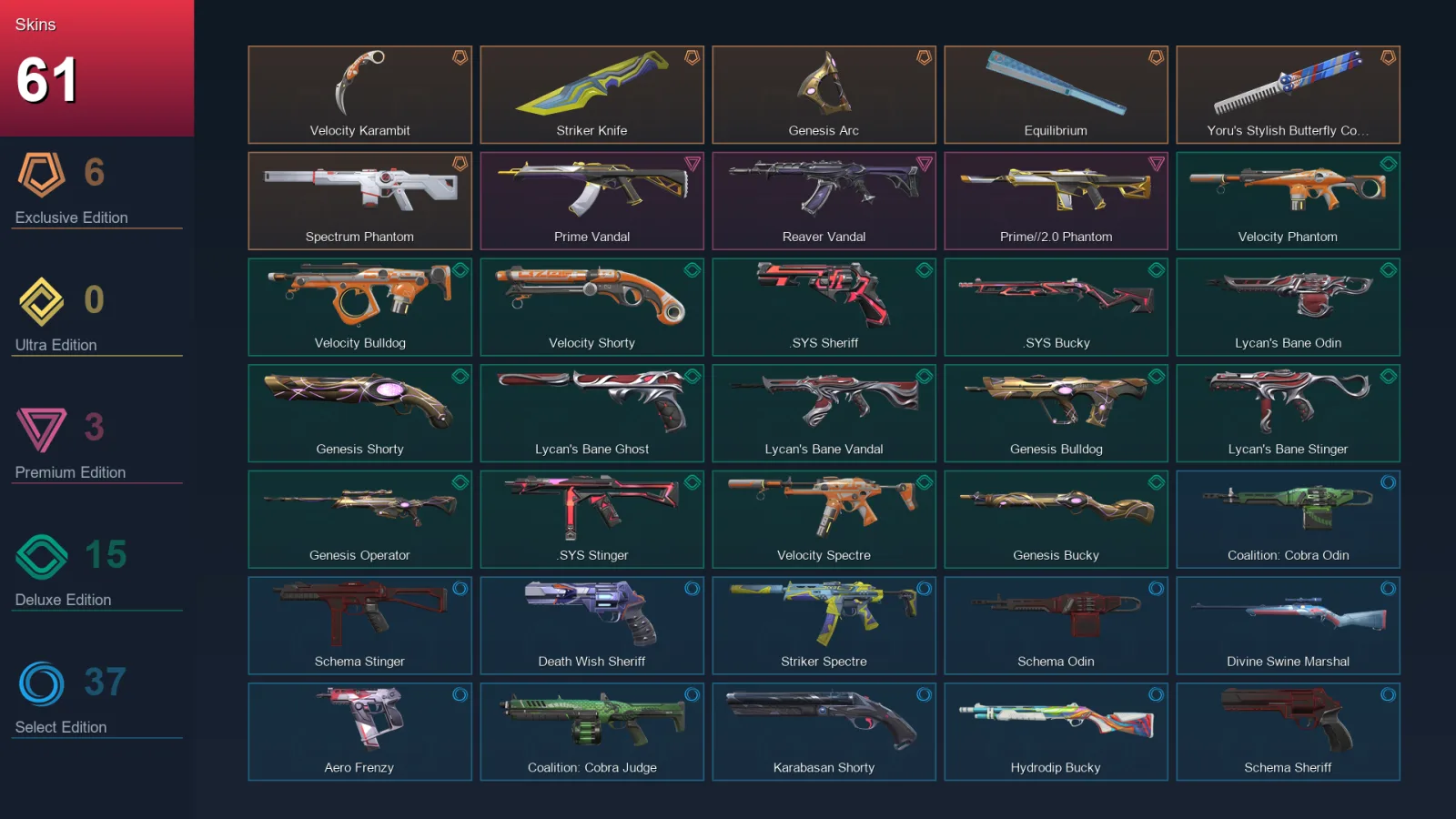 AP | Velocity Karambit | Striker Knife | Genesis Arc | Equilibrium | 61 Skin | 29 Agent | 104 Buddy | Lv203